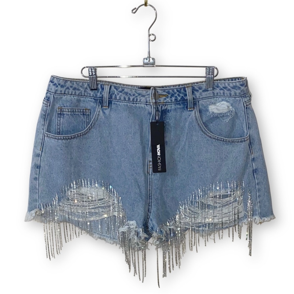 Fashion Nova Size XL Denim Came Through Dripping Rhinestone Denim Shorts - Picture 2 of 7